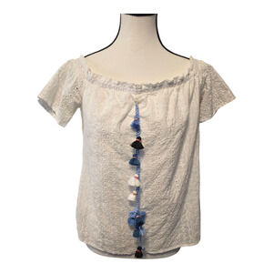 Ellison Womens Embroidered Eyelet Boho Top Size Large White Tassels Festival